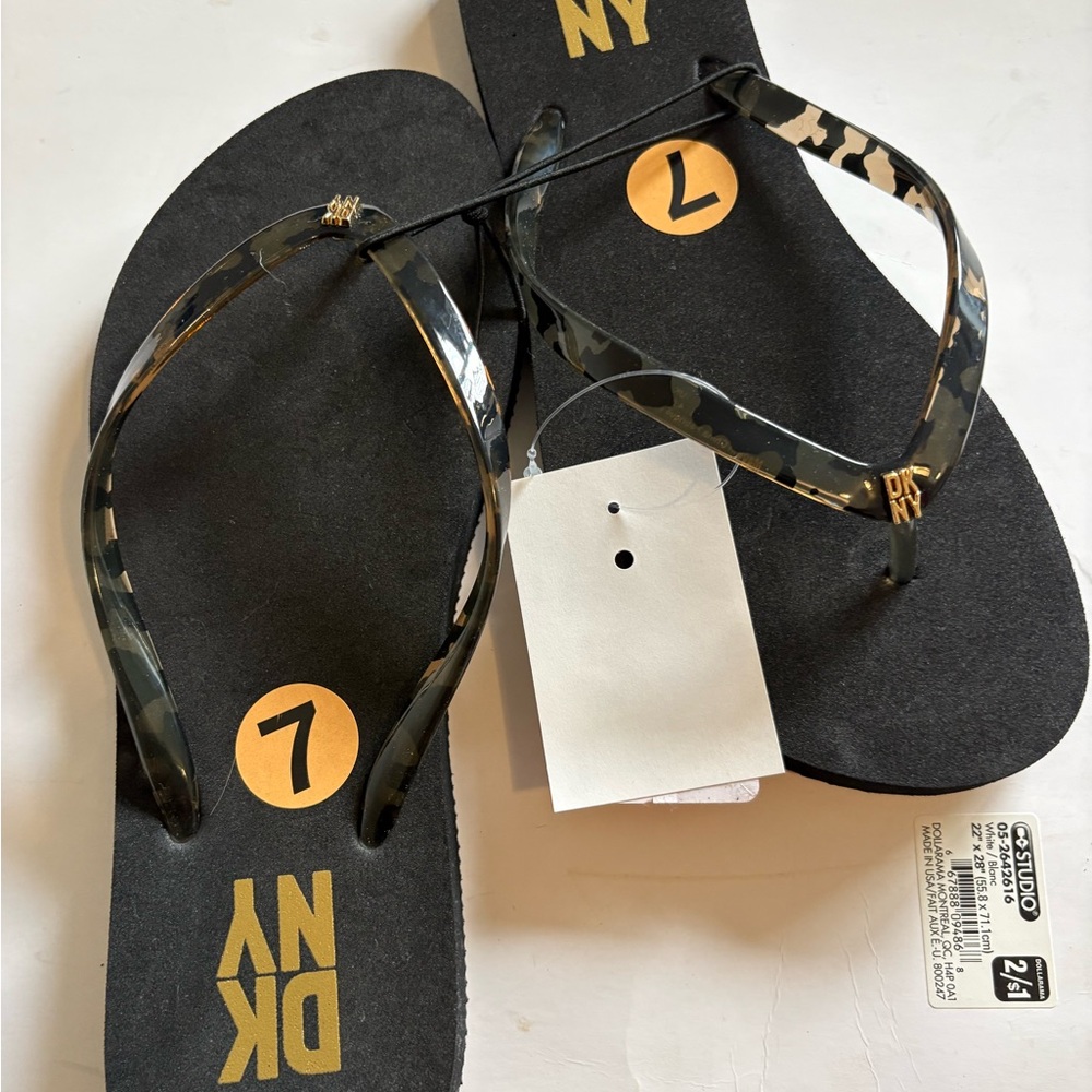 DKNY Black Flip Flops with Camouflage Straps and Gold Logo